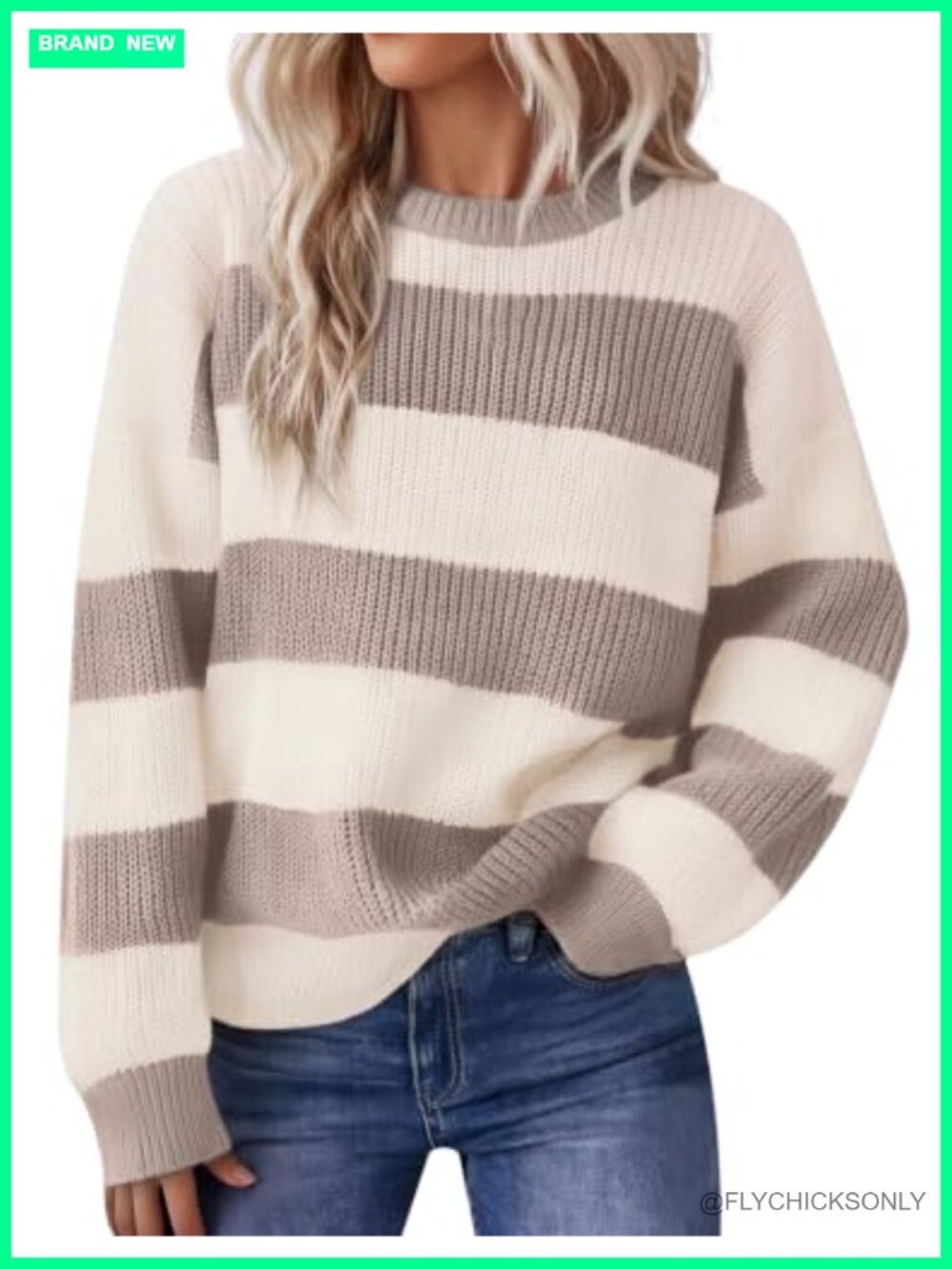 Womens Color Block Striped Pullover Sweater Crew Neck Long Sleeve Knit Top